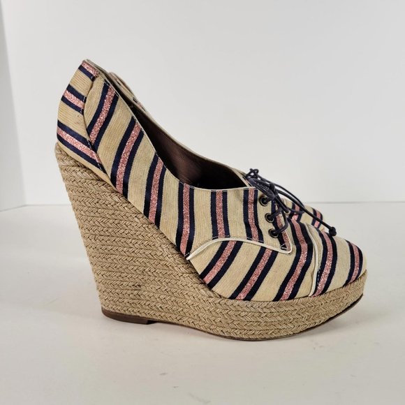 Tabitha Simmons STRIPED OXFORD WEDGE Pink Navy Espadrille Heels Women Sz 7.5 - Picture 8 of 11